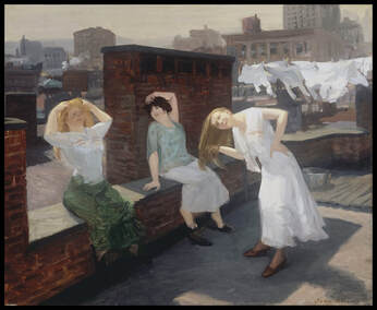 Painting titled Sunday Morning, Women Drying Their Hair